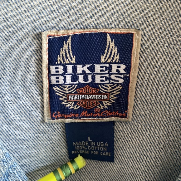 Vtg 80s Harley Davidson BIKER BLUES Denim Jean Jacket L Belt USA Logo Patch - Picture 2 of 16